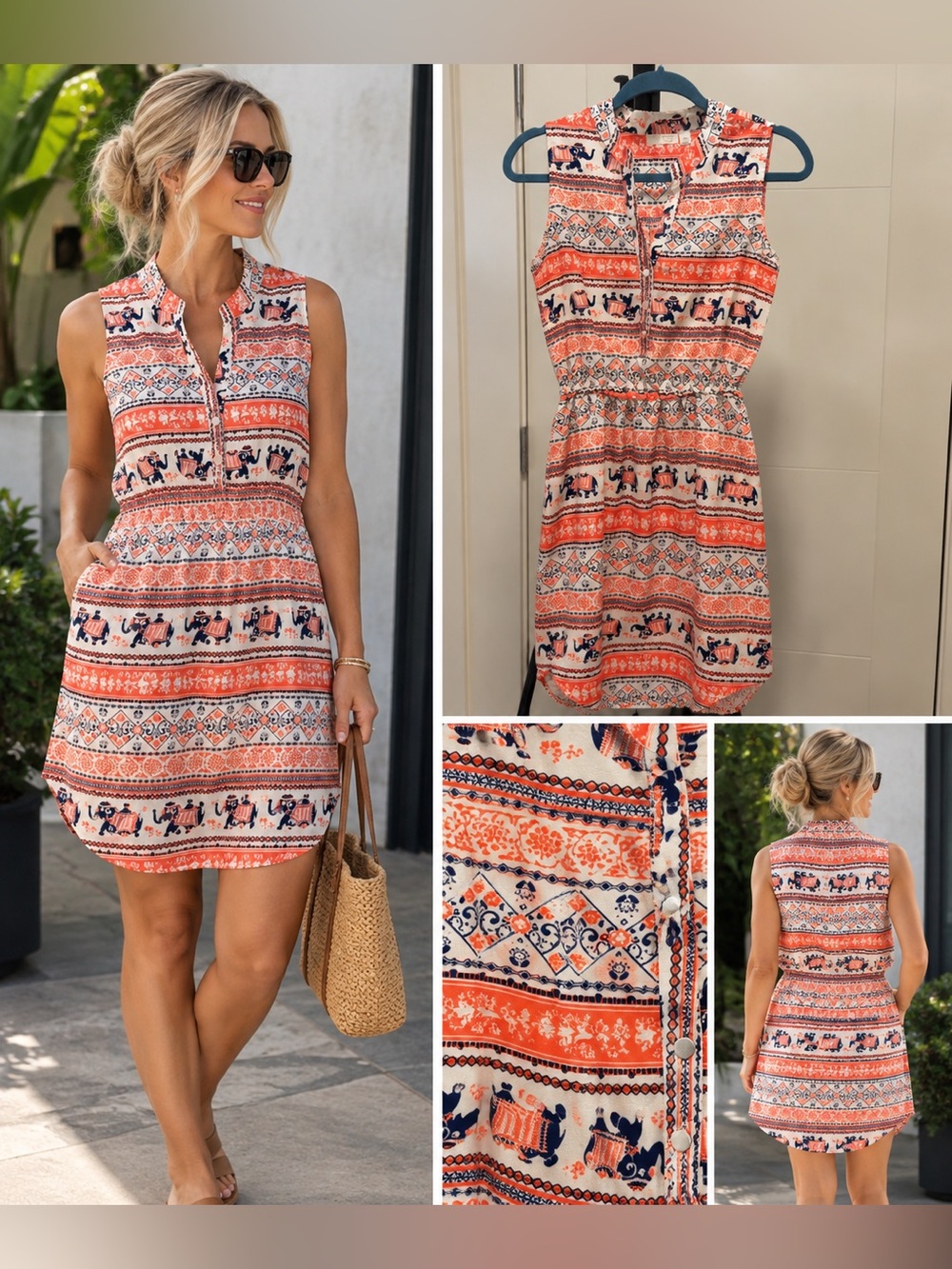 Razzle Dazzle Elephant Print Shirt Dress Orange Navy White Size M